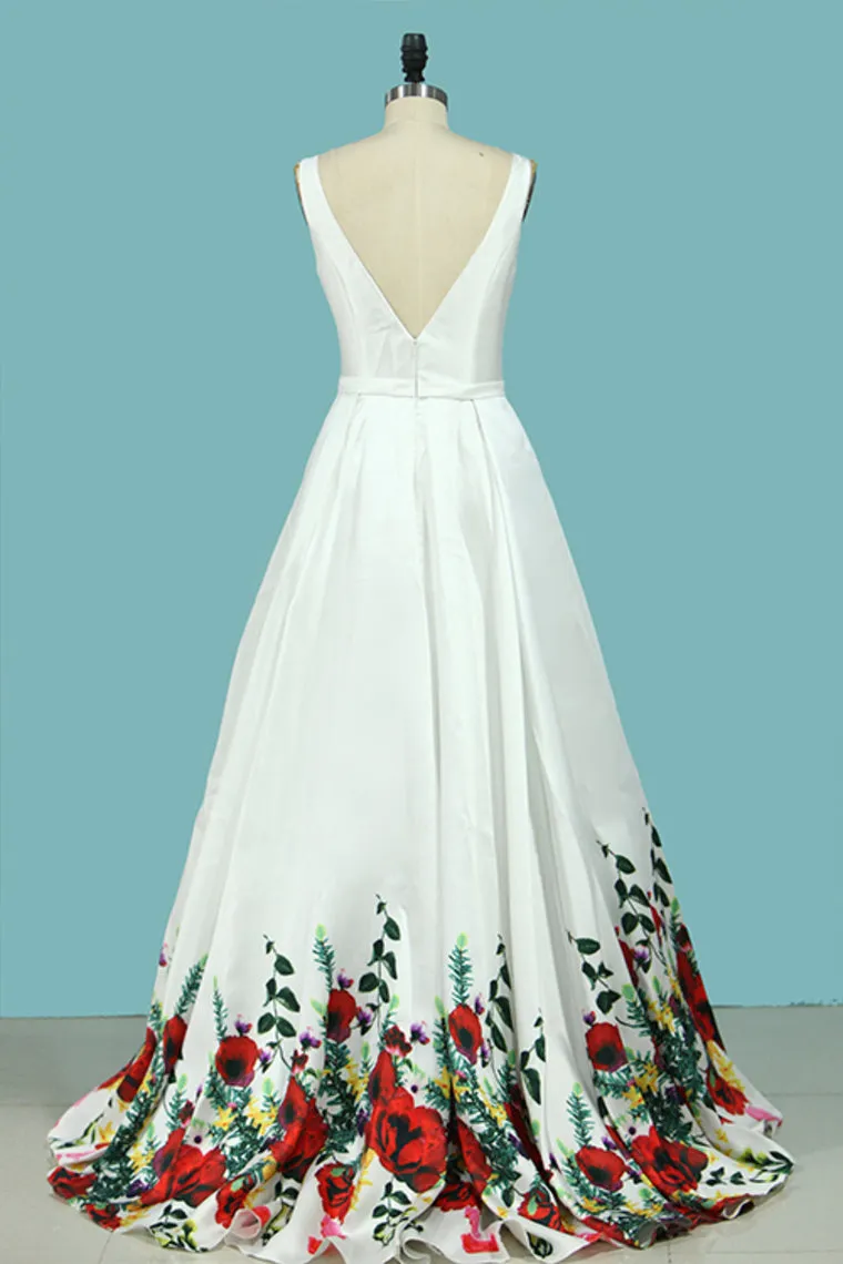 2024 Floral Prom Dresses V Neck A Line Satin
