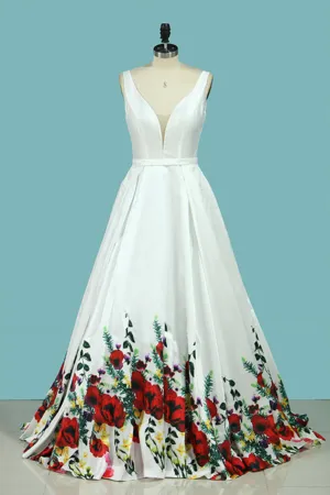 2024 Floral Prom Dresses V Neck A Line Satin