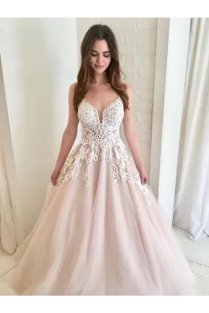 A Line V Neck Champagne Tulle Prom Dresses Wedding Dress Formal Dresses