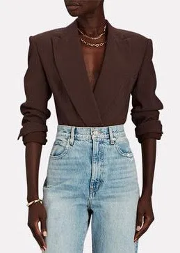 Athena Textured Ripple Crepe Blazer Bodysuit (Chocolate)