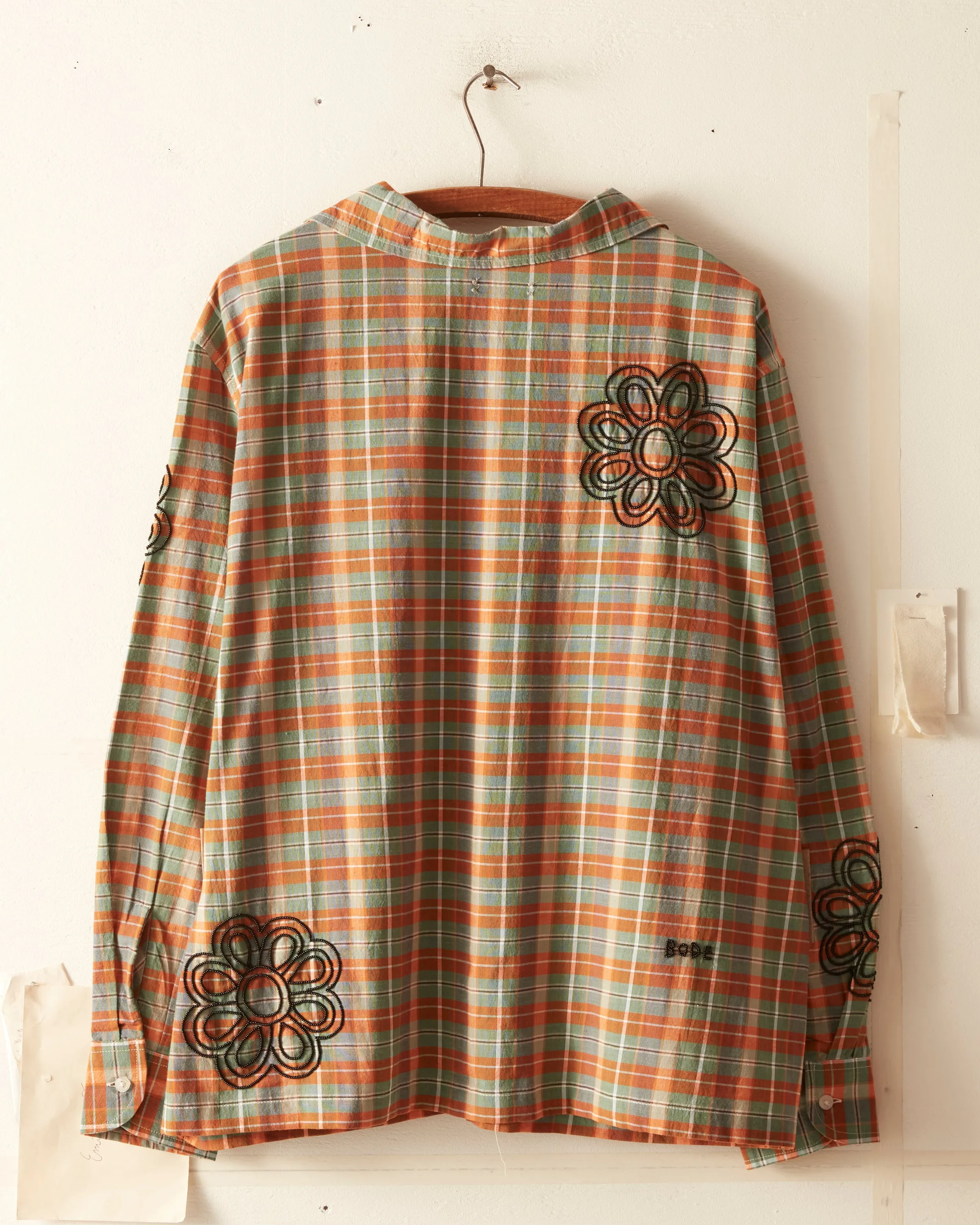 Beaded Floral Madras Long Sleeve Shirt - Blue