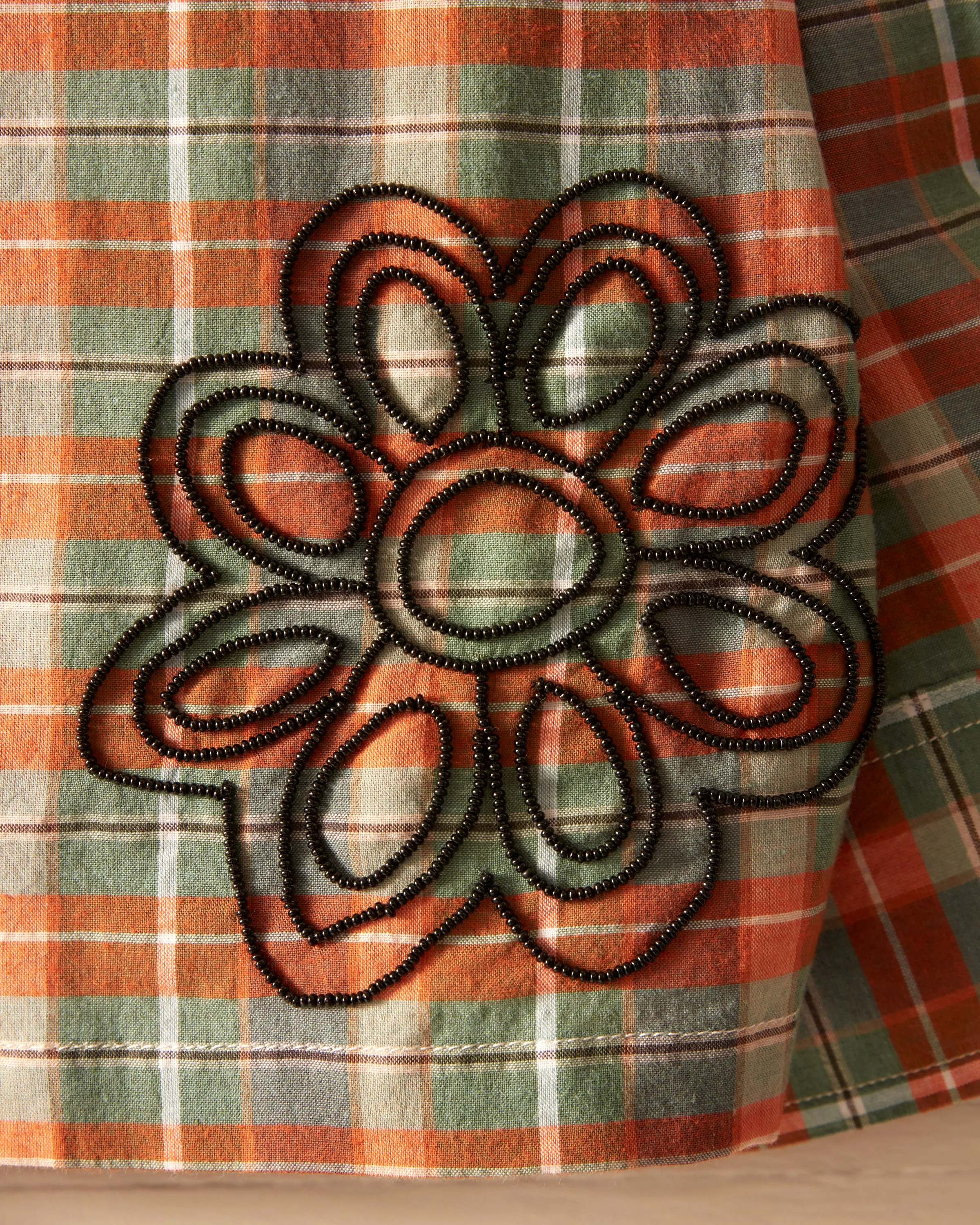 Beaded Floral Madras Long Sleeve Shirt - Blue