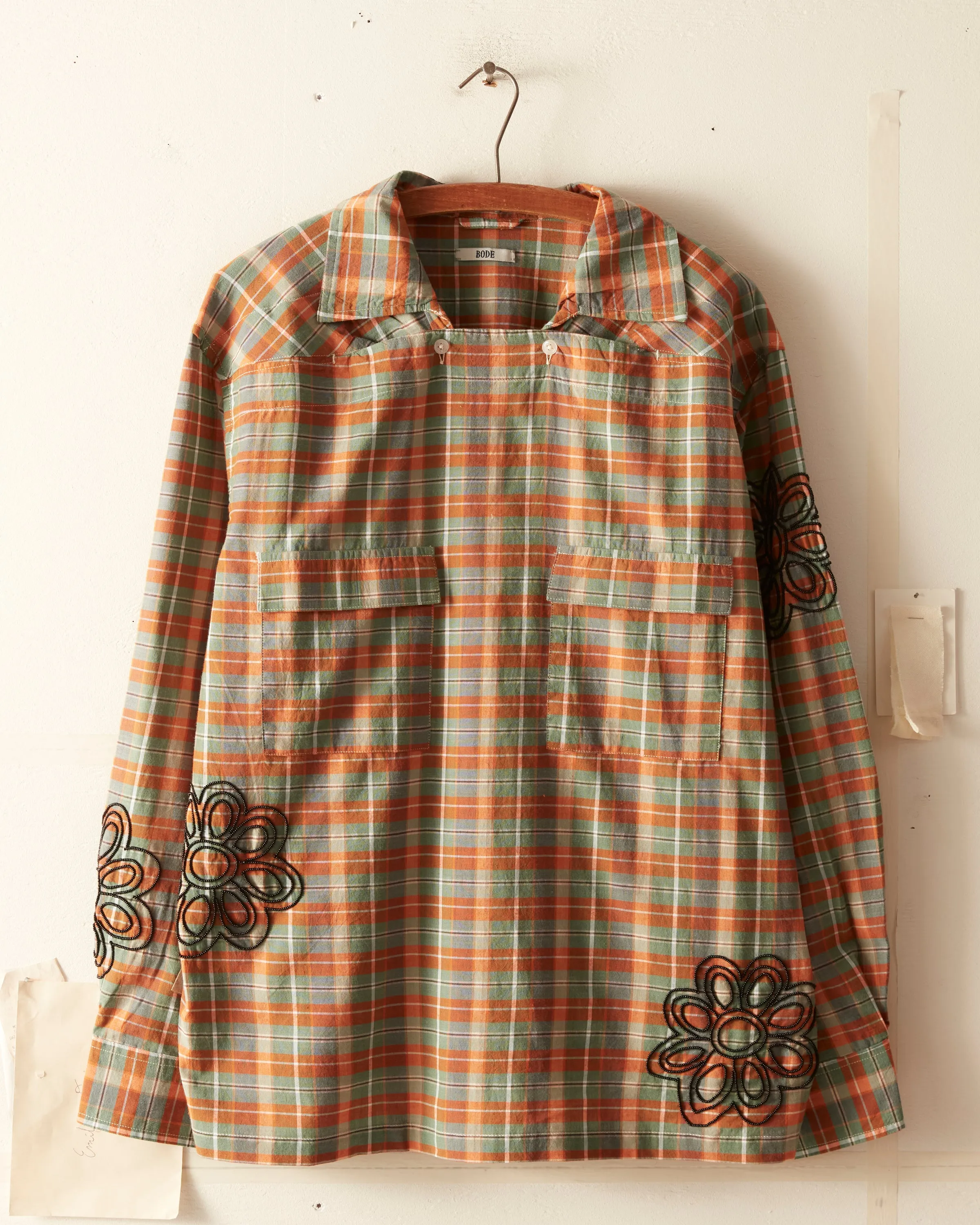 Beaded Floral Madras Long Sleeve Shirt - Blue