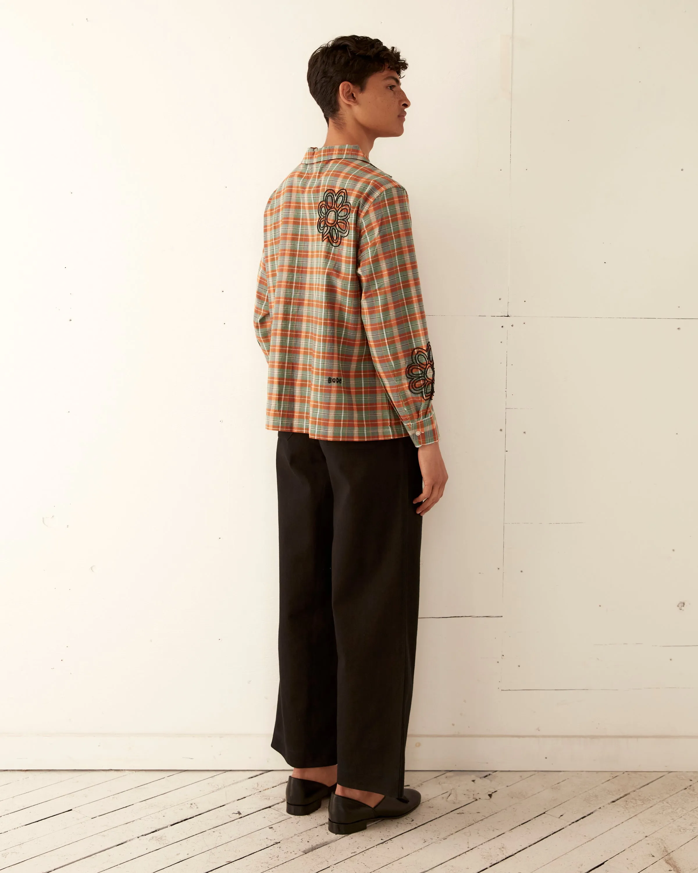 Beaded Floral Madras Long Sleeve Shirt - Blue