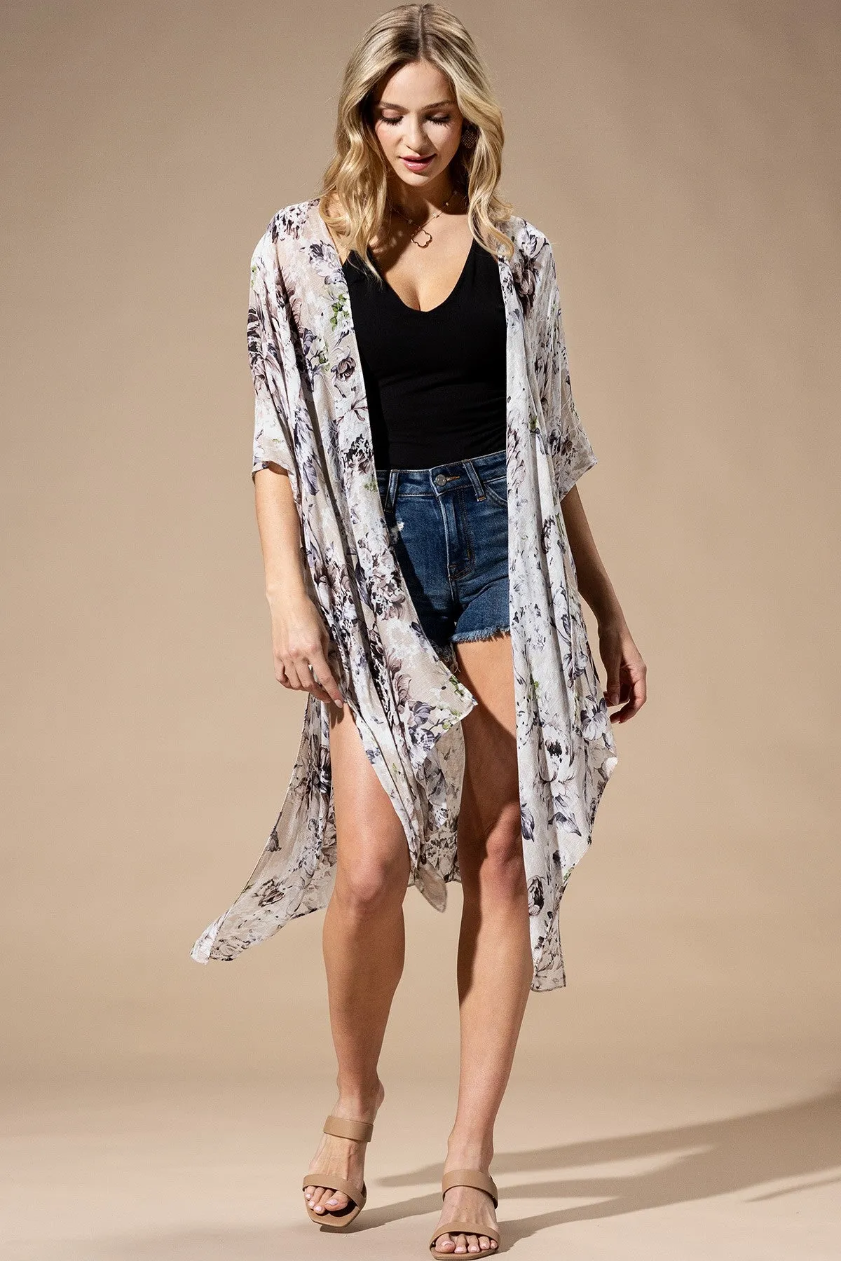 Beige Flower Kimono