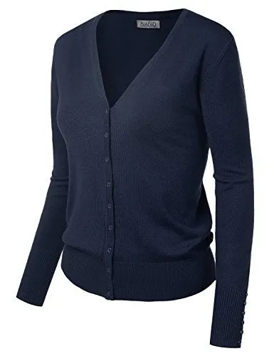 BIADANI Women Button Down Long Sleeve Soft V-Neck Cardigan Sweater Navy Medium