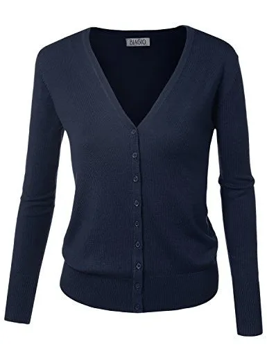 BIADANI Women Button Down Long Sleeve Soft V-Neck Cardigan Sweater Navy Medium