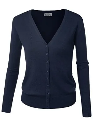 BIADANI Women Button Down Long Sleeve Soft V-Neck Cardigan Sweater Navy Medium