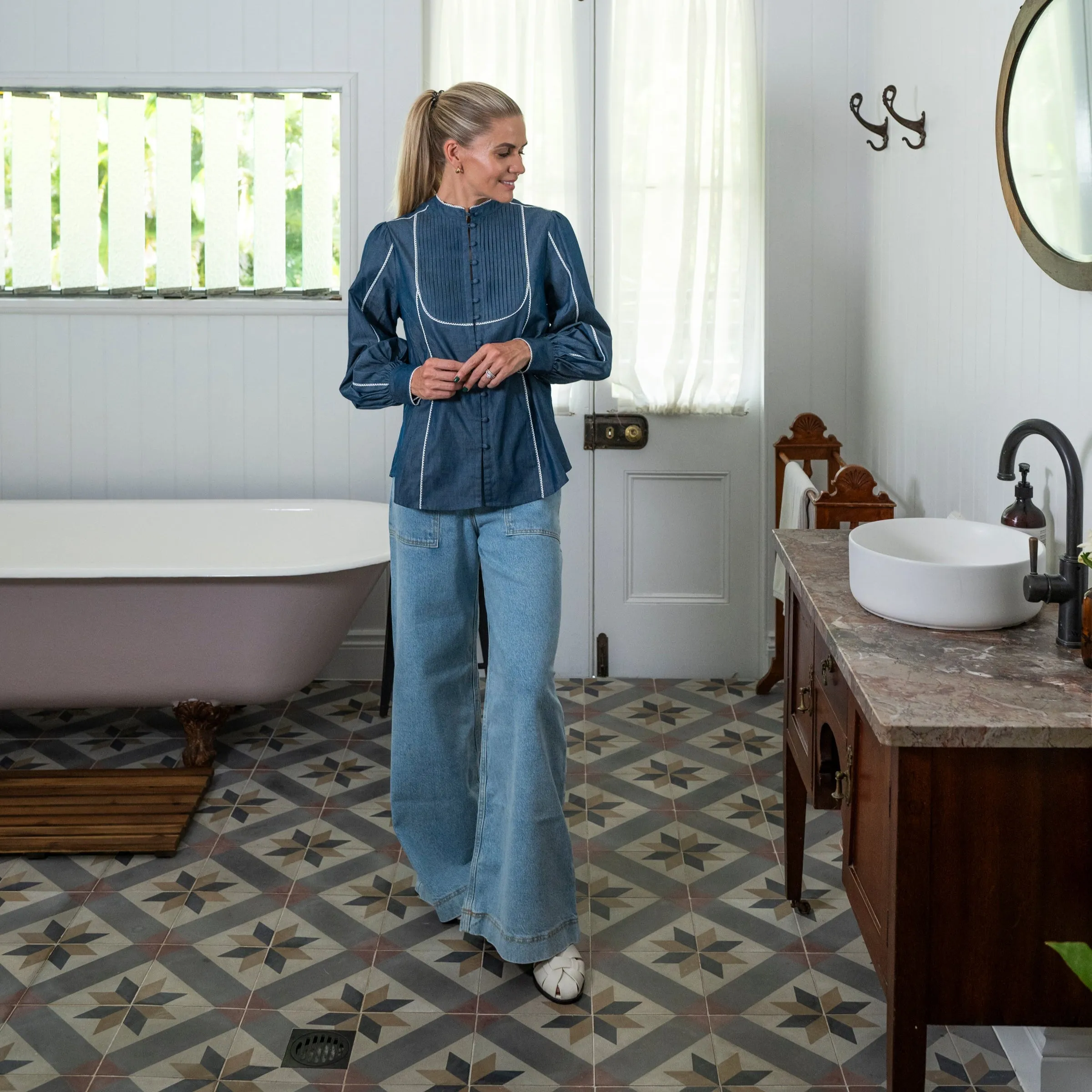 Blue Denim Cotton Blouse with White Trim