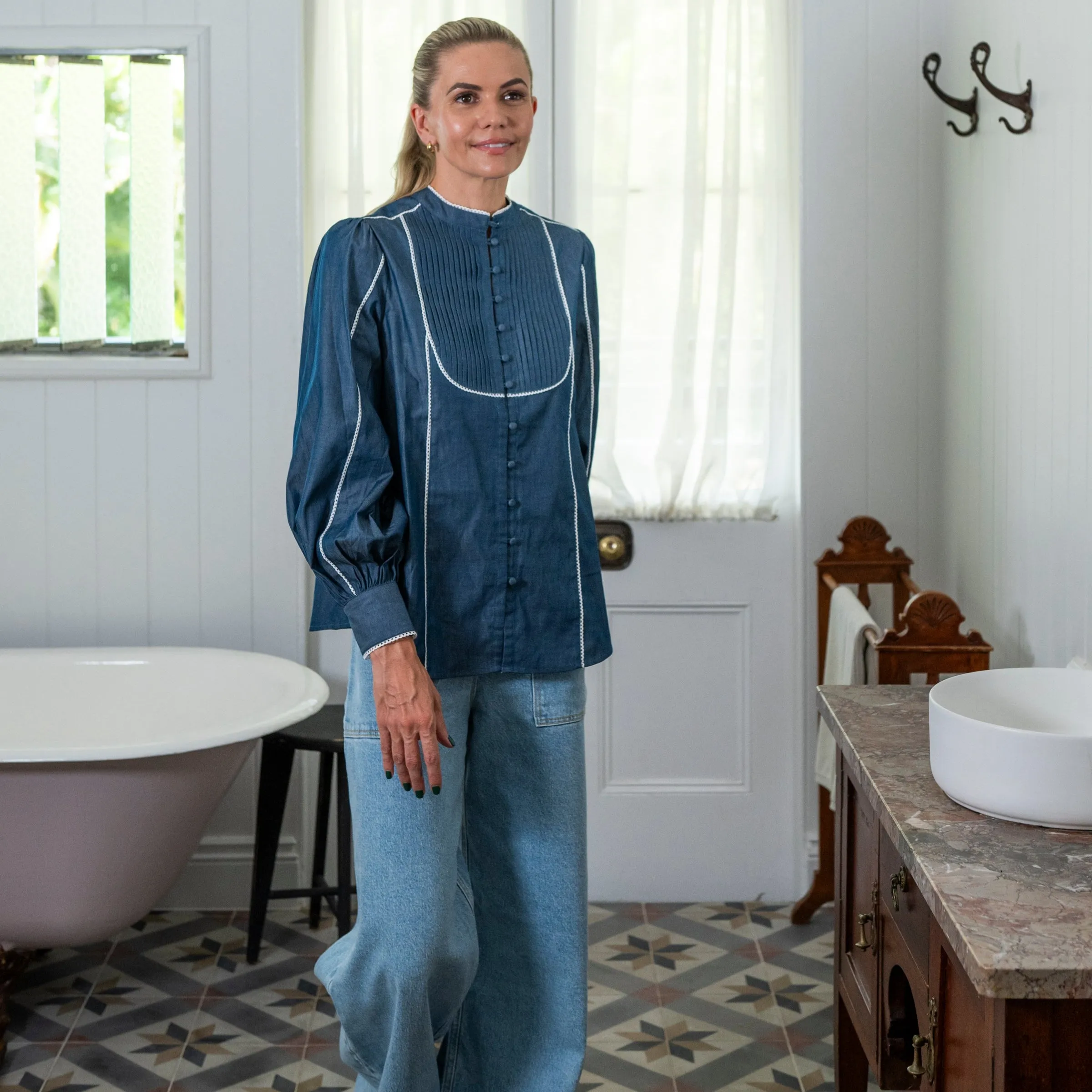 Blue Denim Cotton Blouse with White Trim