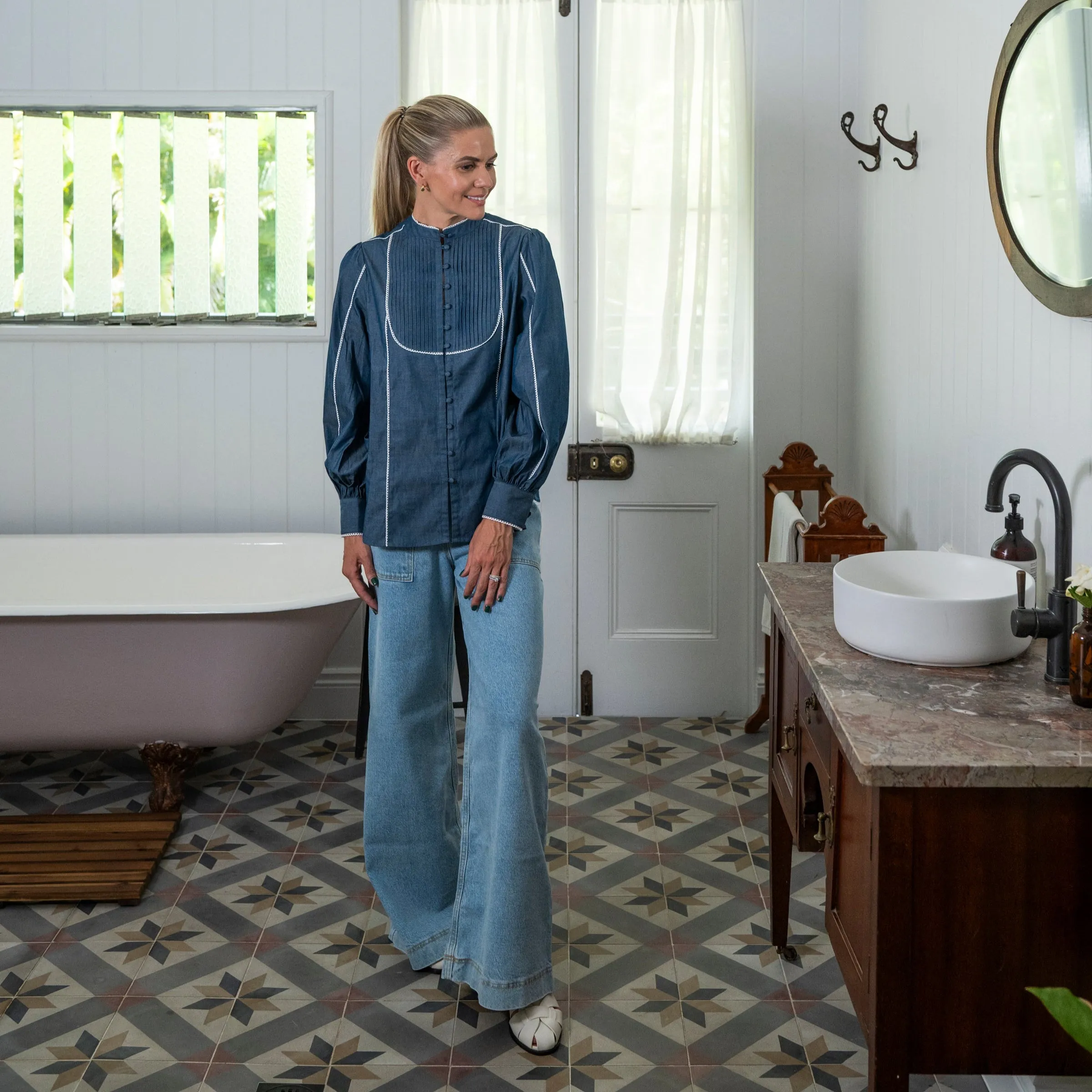 Blue Denim Cotton Blouse with White Trim