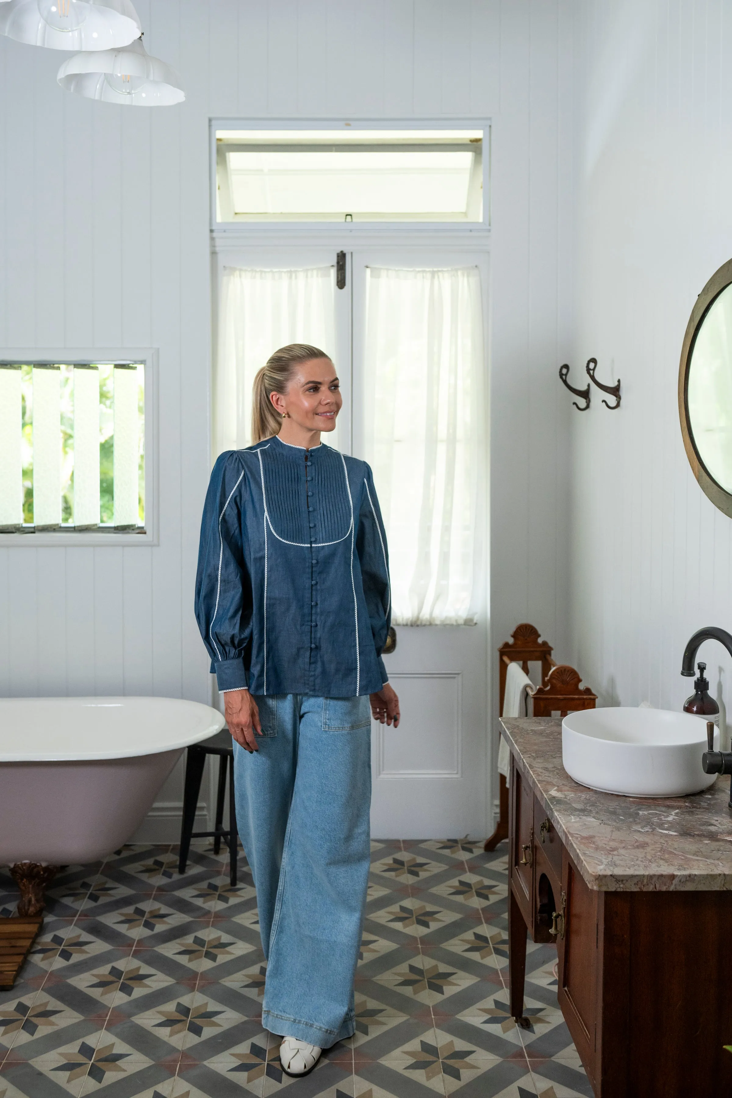 Blue Denim Cotton Blouse with White Trim