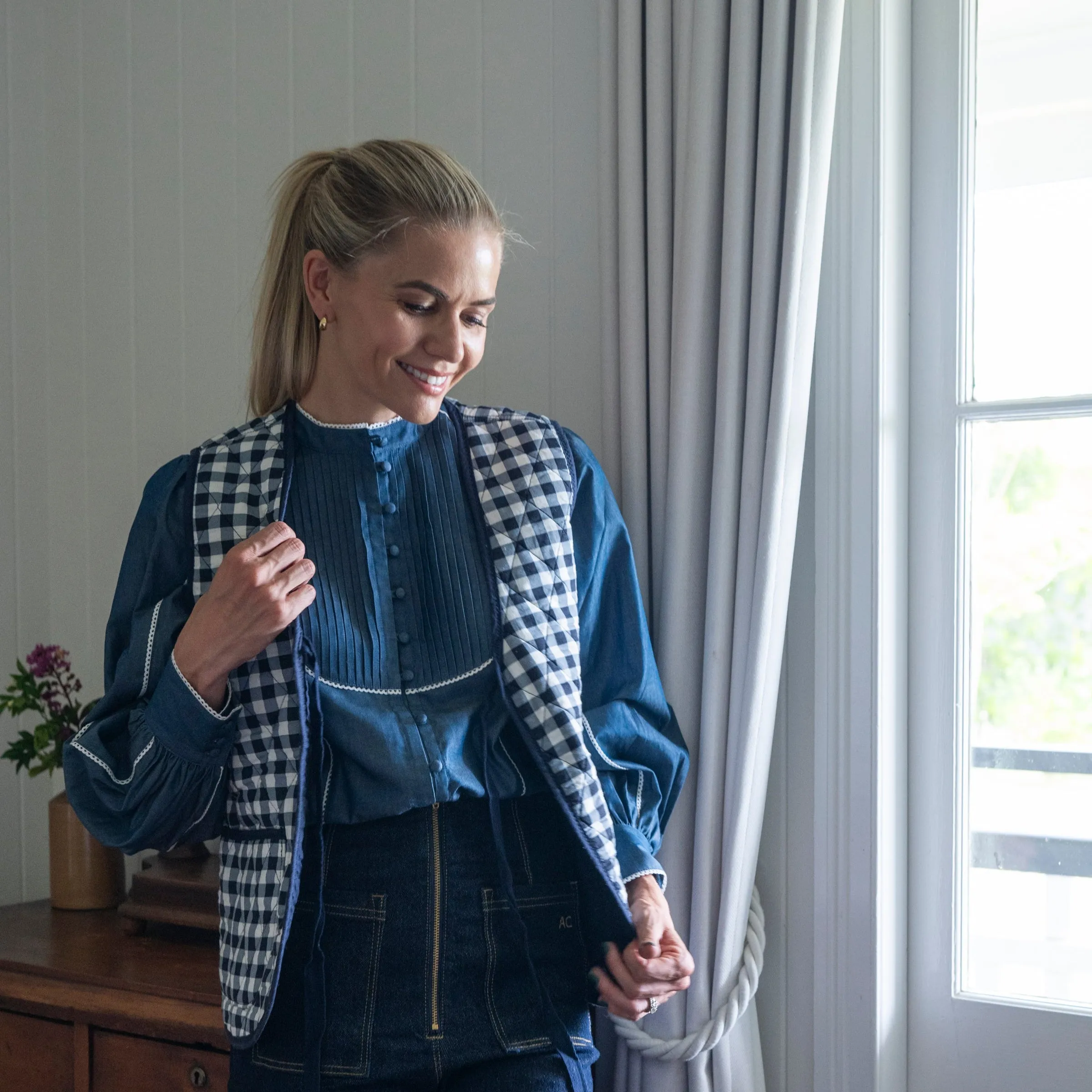 Blue Denim Cotton Blouse with White Trim
