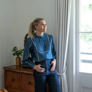 Blue Denim Cotton Blouse with White Trim