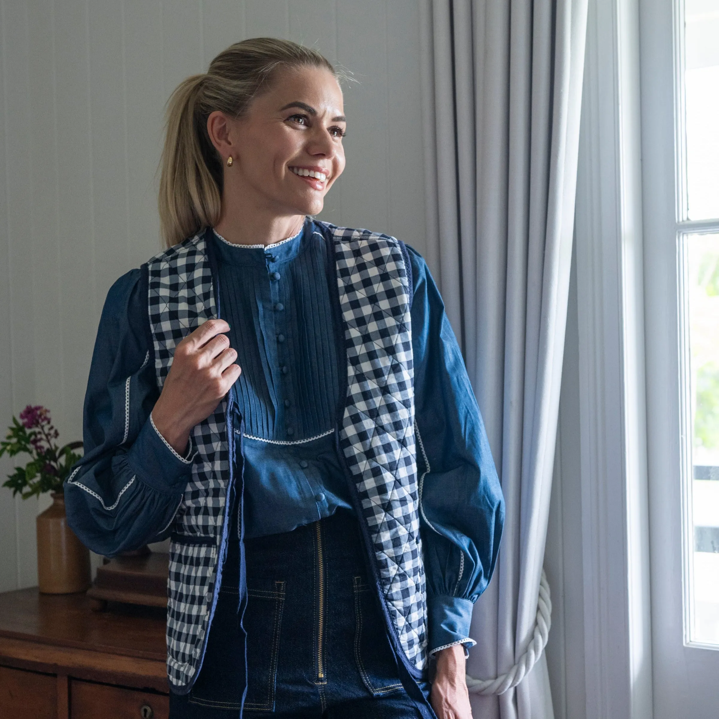 Blue Denim Cotton Blouse with White Trim