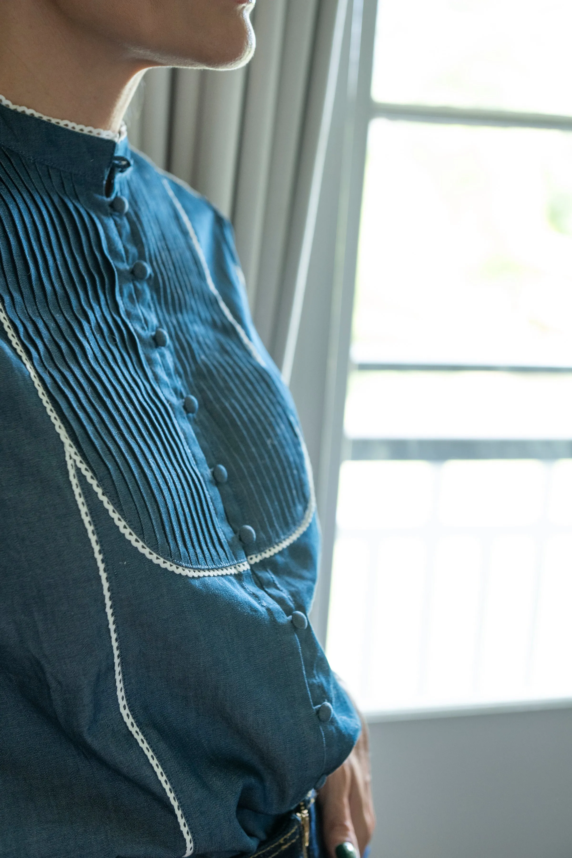Blue Denim Cotton Blouse with White Trim