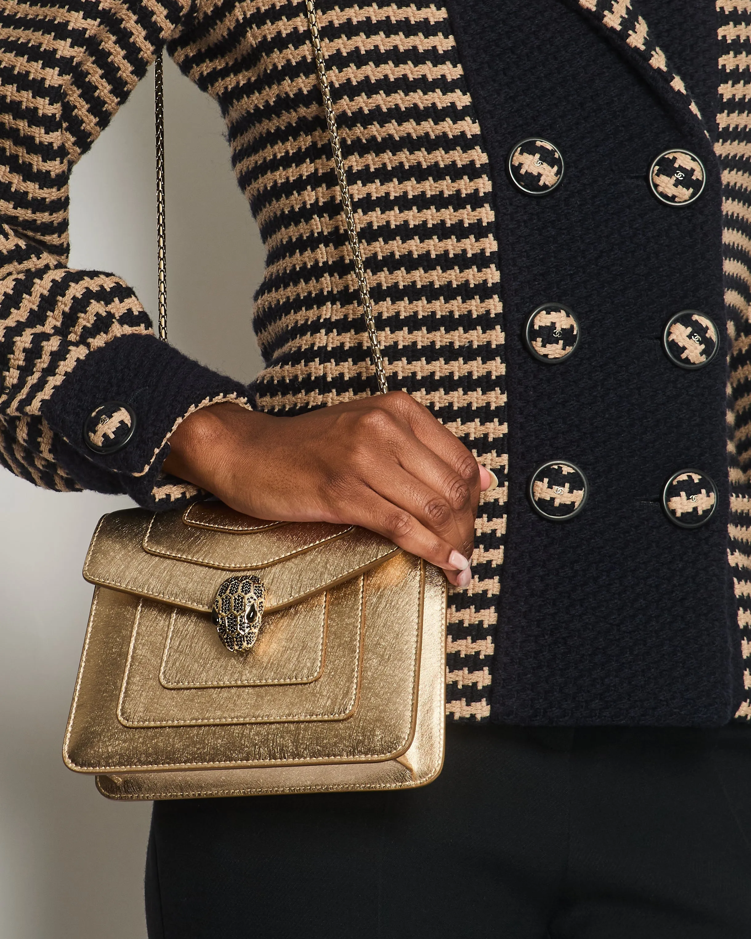 Chanel 15/b Navy, Beige Houndstooth Tweed Double Breasted Jacket Size Fr 36 (uk 8)