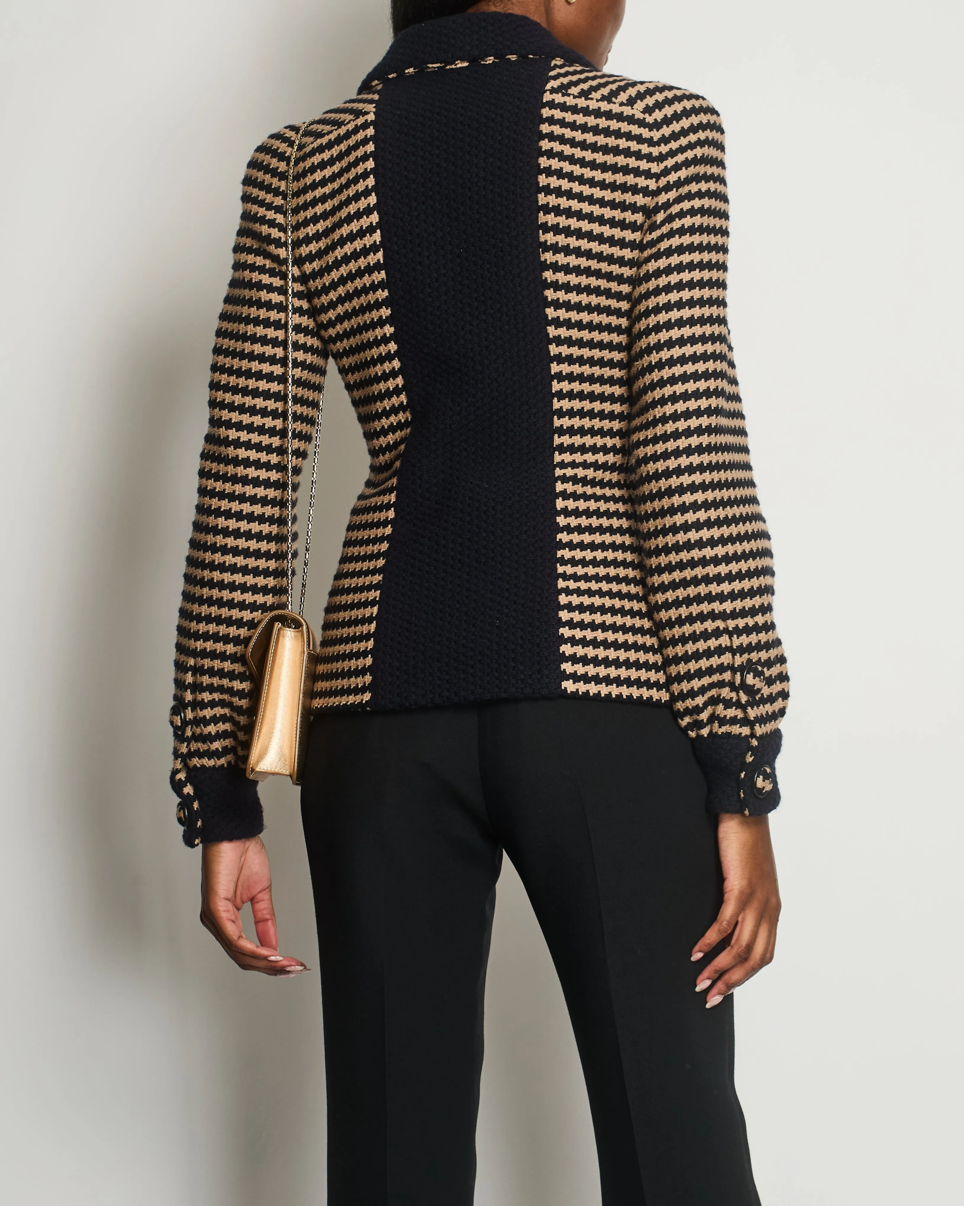 Chanel 15/b Navy, Beige Houndstooth Tweed Double Breasted Jacket Size Fr 36 (uk 8)