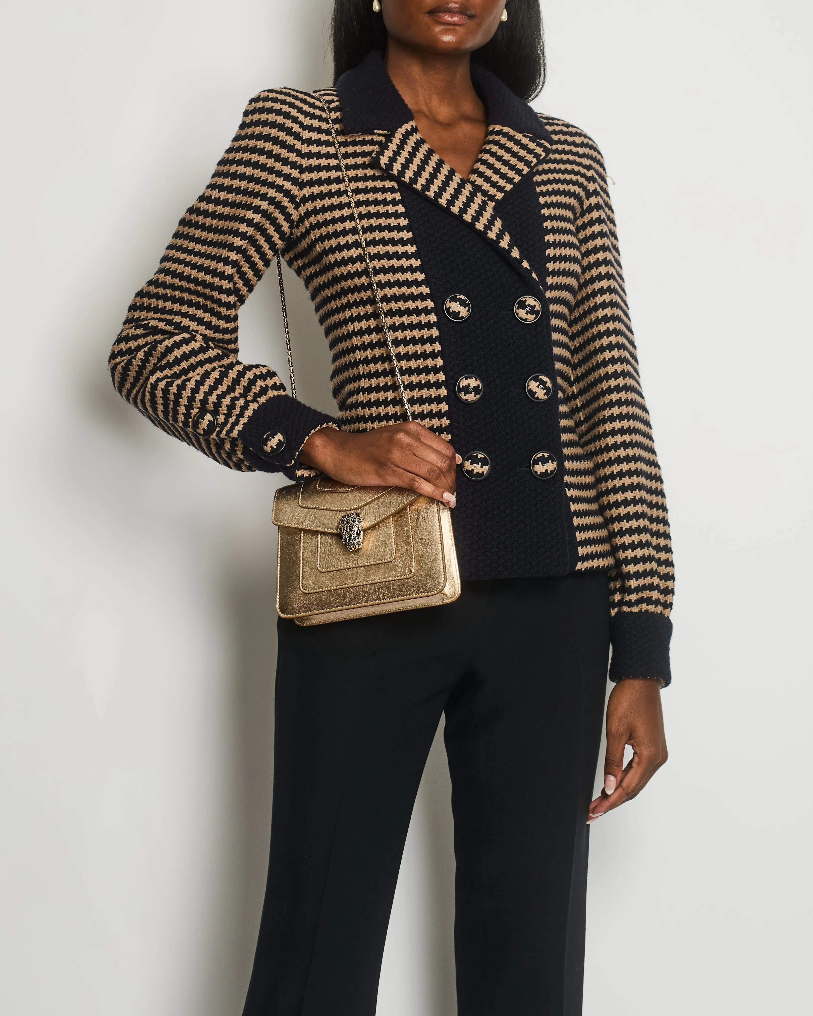 Chanel 15/b Navy, Beige Houndstooth Tweed Double Breasted Jacket Size Fr 36 (uk 8)