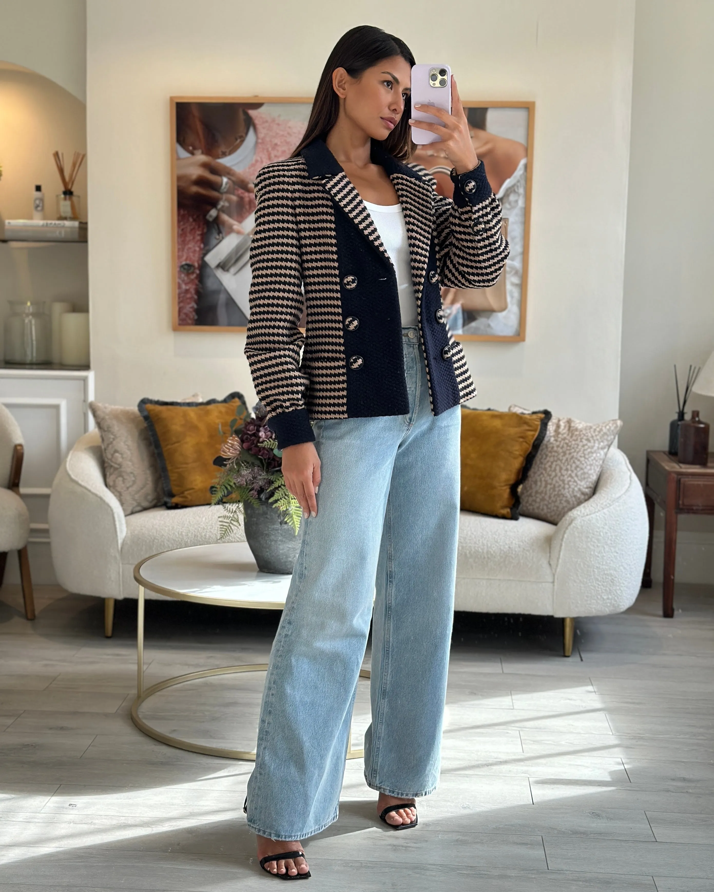 Chanel 15/b Navy, Beige Houndstooth Tweed Double Breasted Jacket Size Fr 36 (uk 8)