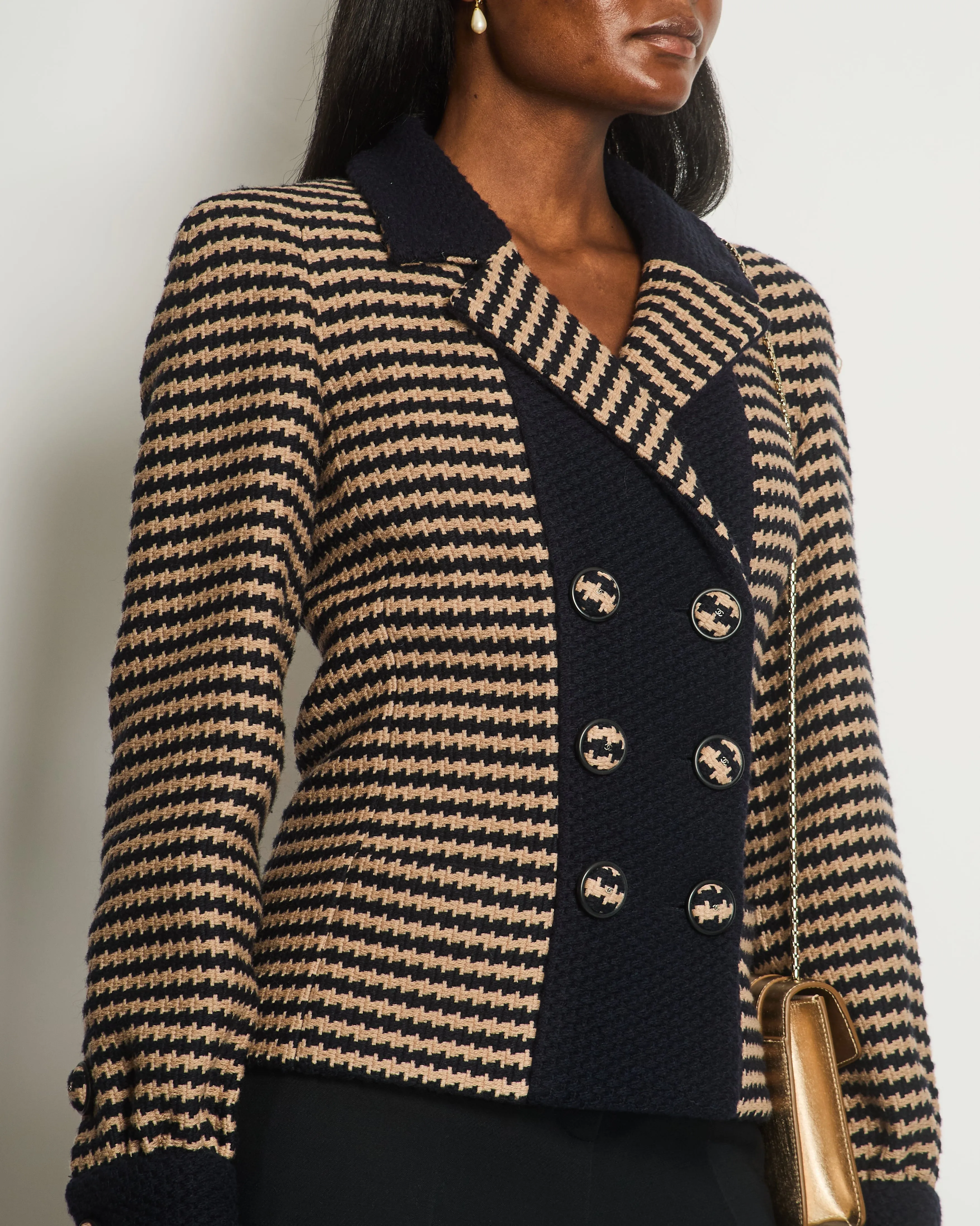 Chanel 15/b Navy, Beige Houndstooth Tweed Double Breasted Jacket Size Fr 36 (uk 8)