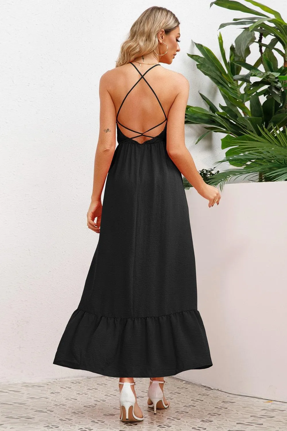 Cheery Chic Crisscross Backless Maxi Dress