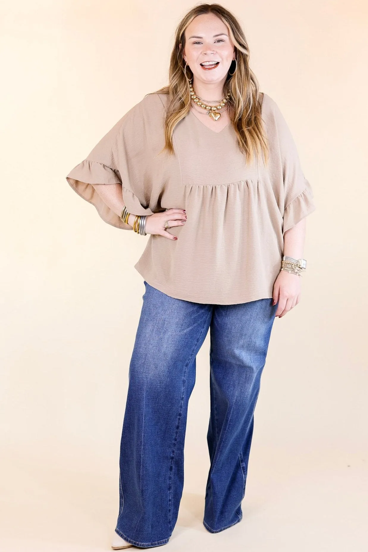 Chic Cascades Tiered V Neck Top with Ruffle Sleeves in Taupe