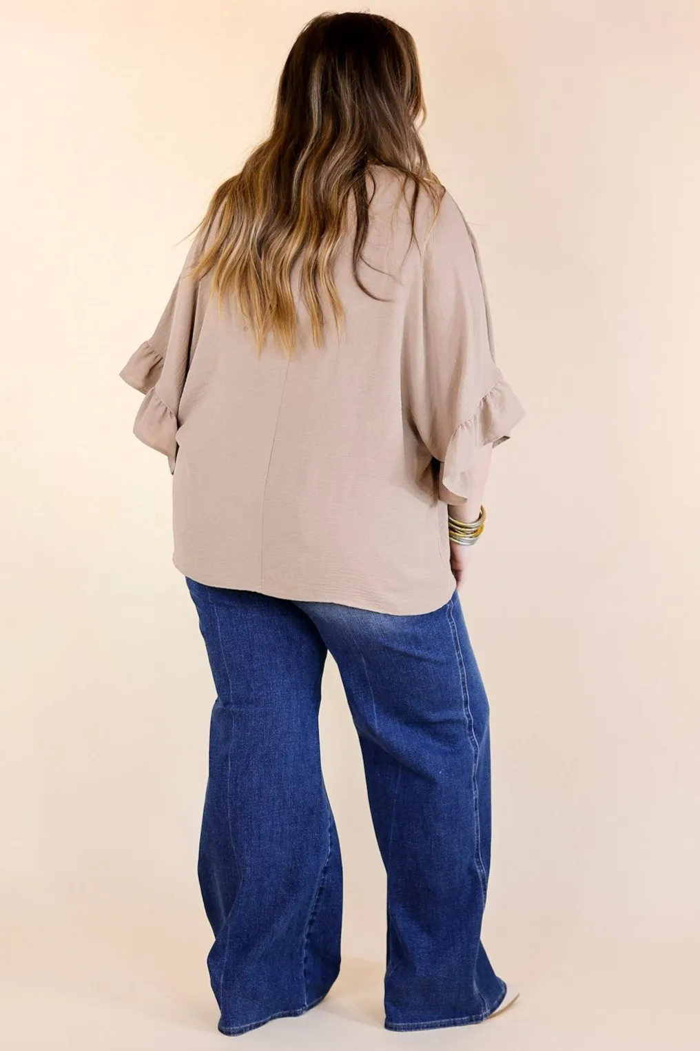 Chic Cascades Tiered V Neck Top with Ruffle Sleeves in Taupe