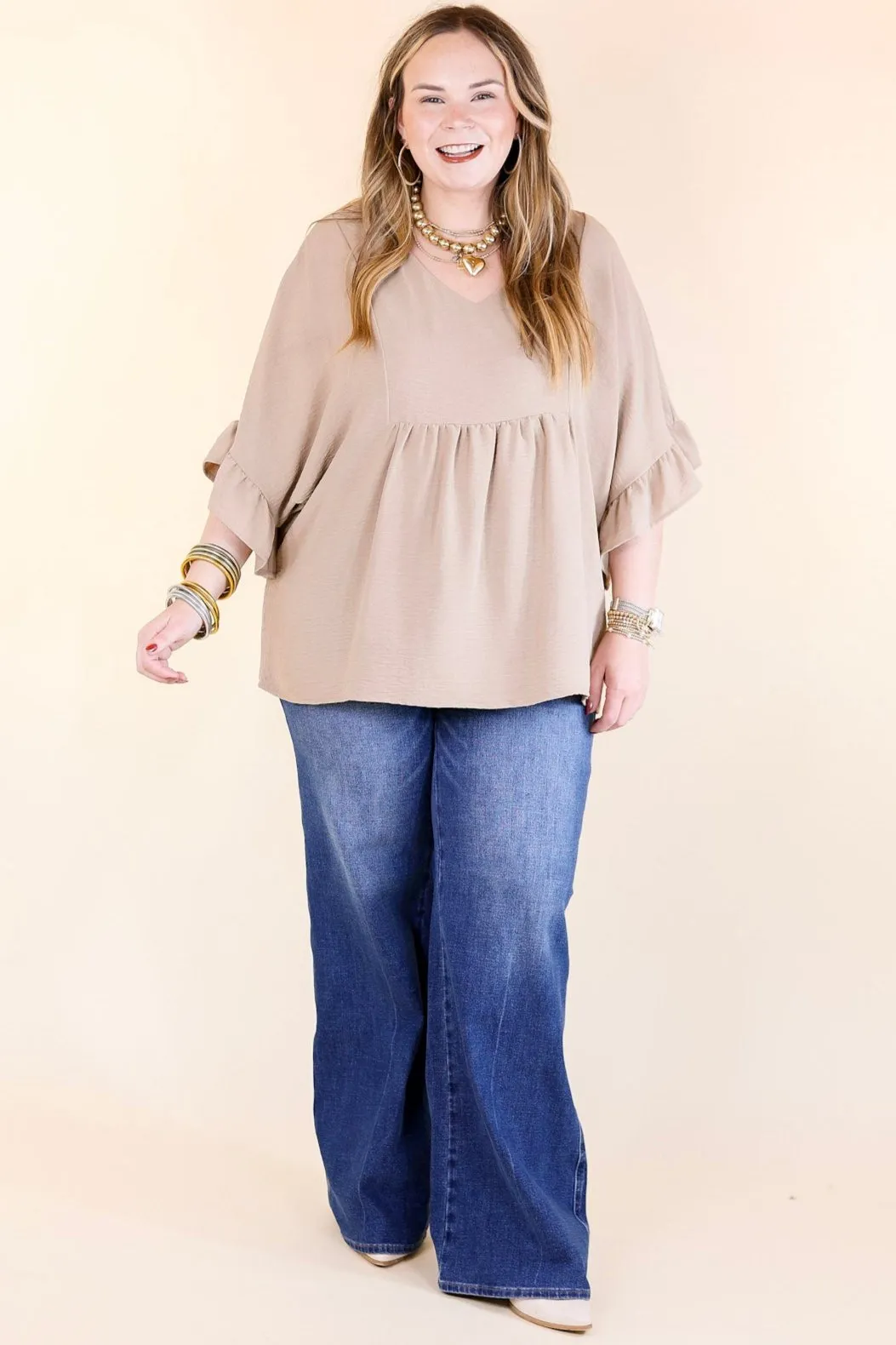 Chic Cascades Tiered V Neck Top with Ruffle Sleeves in Taupe