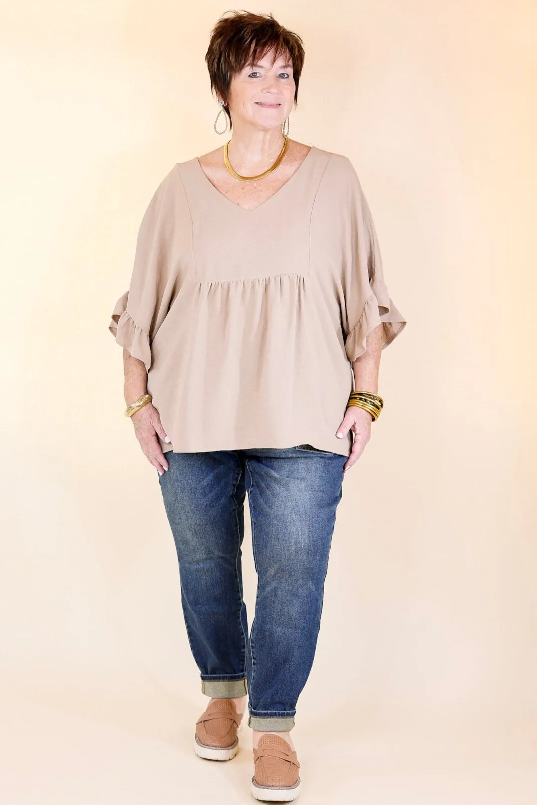 Chic Cascades Tiered V Neck Top with Ruffle Sleeves in Taupe