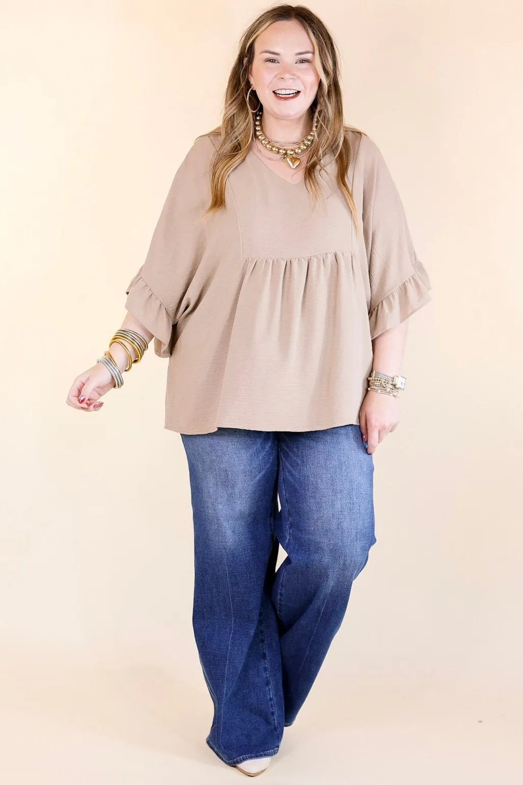 Chic Cascades Tiered V Neck Top with Ruffle Sleeves in Taupe