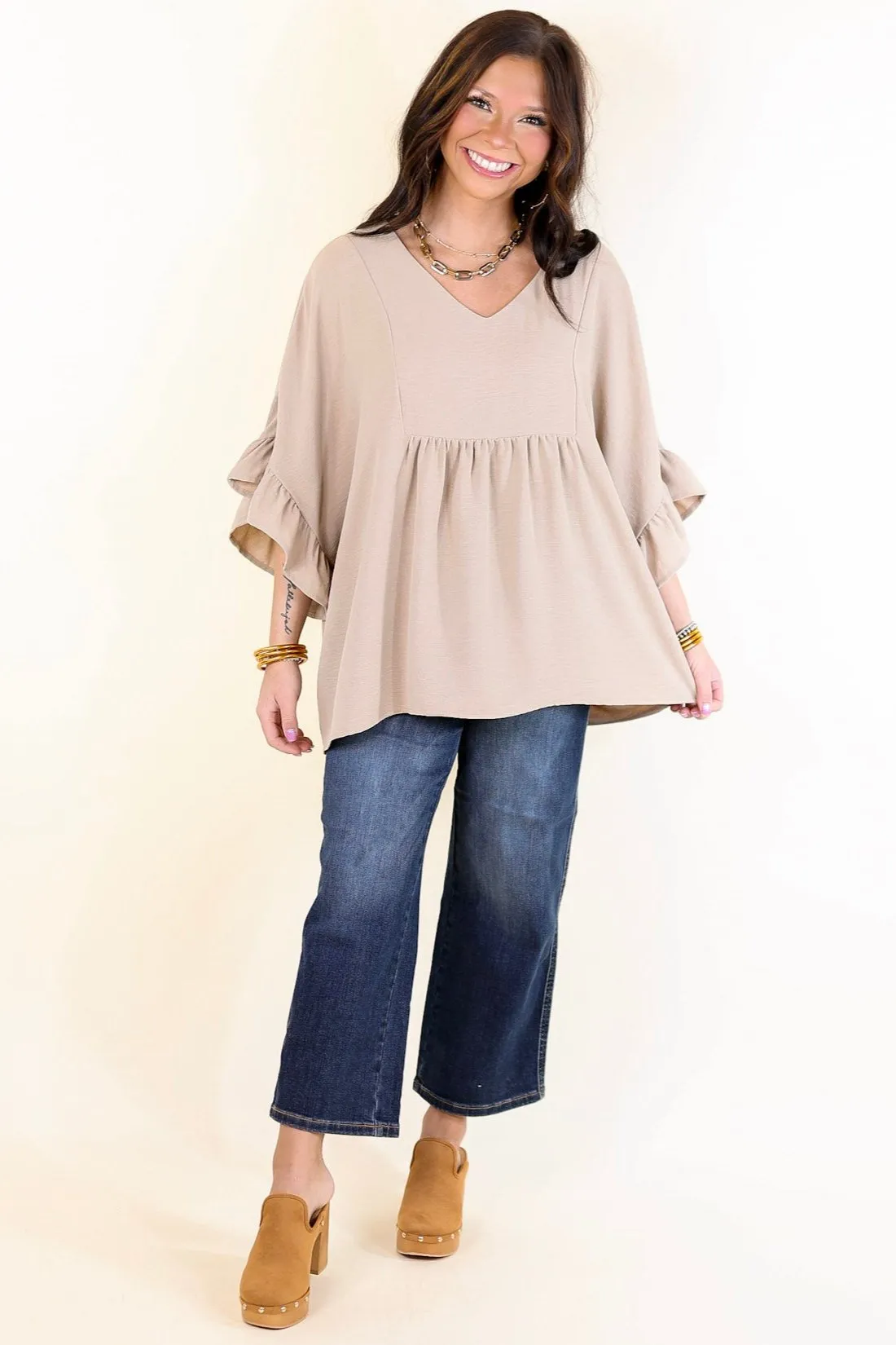 Chic Cascades Tiered V Neck Top with Ruffle Sleeves in Taupe
