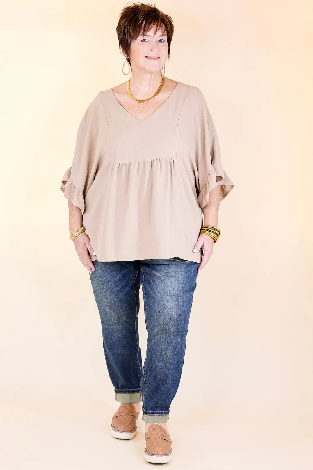 Chic Cascades Tiered V Neck Top with Ruffle Sleeves in Taupe