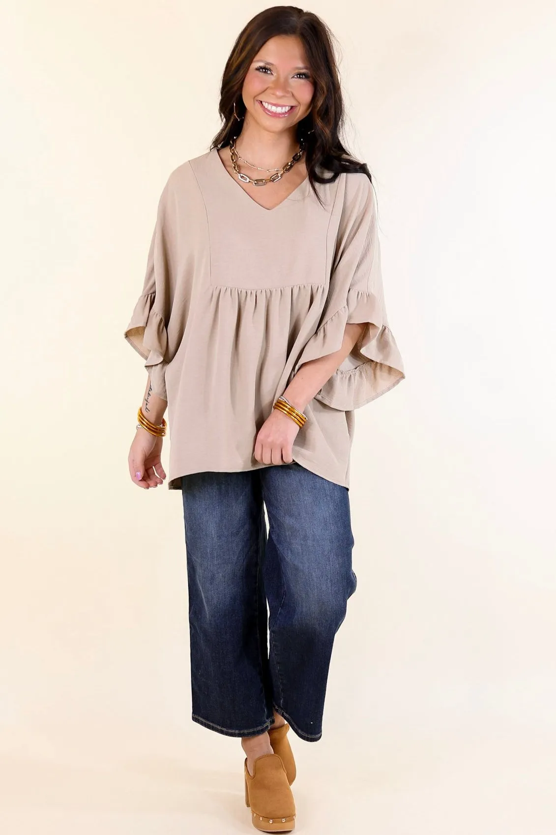 Chic Cascades Tiered V Neck Top with Ruffle Sleeves in Taupe