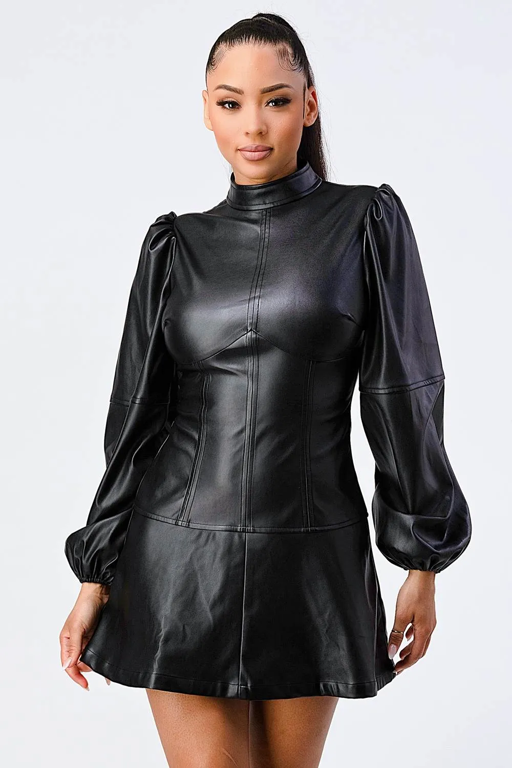 CHIC PU MOCK NECK PEASANT SLEEVES MINI DRESS