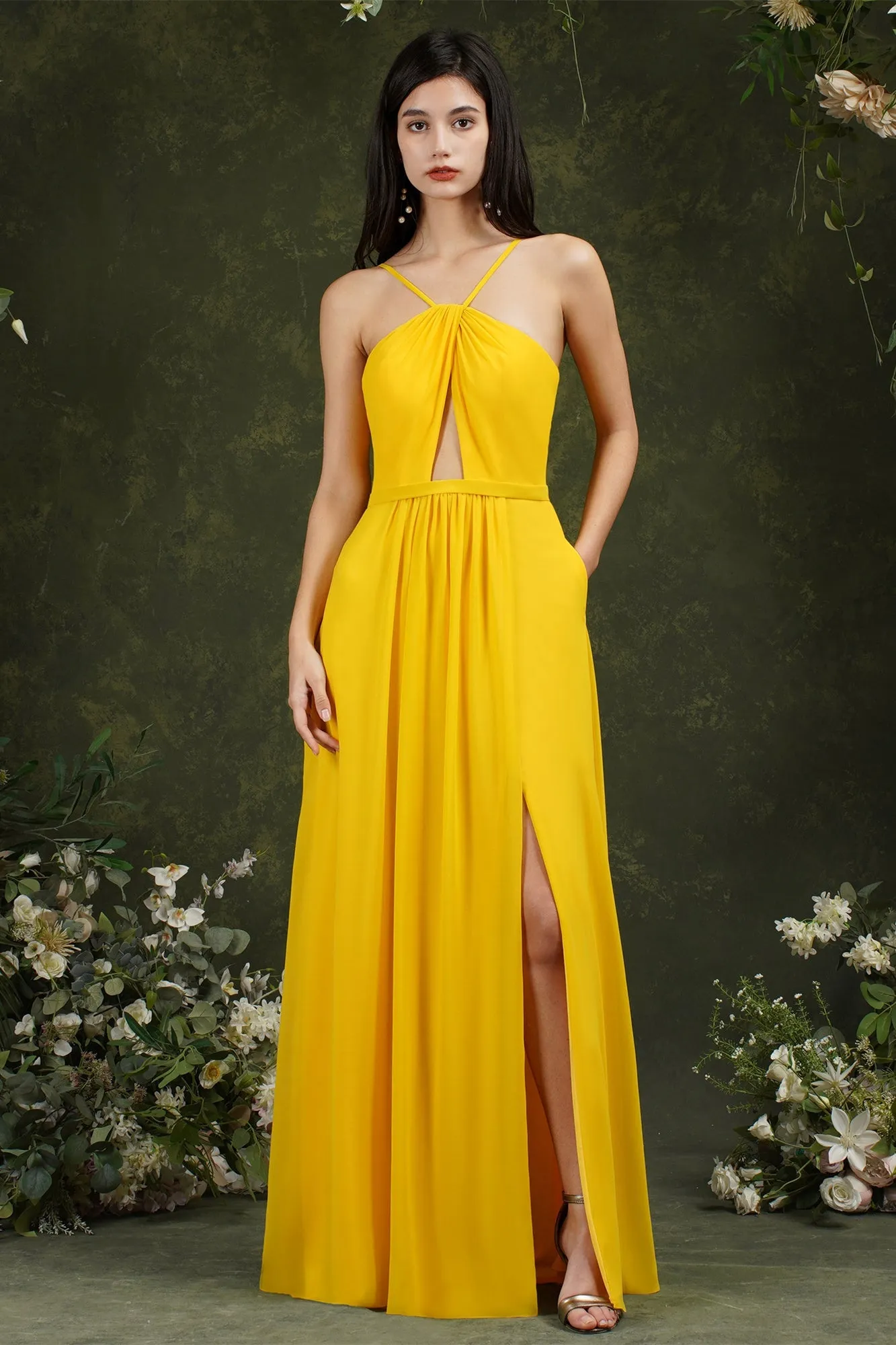 Chic Spaghetti Straps Halter A-Line Floor-length Split Bridesmaid Dress With Pockets