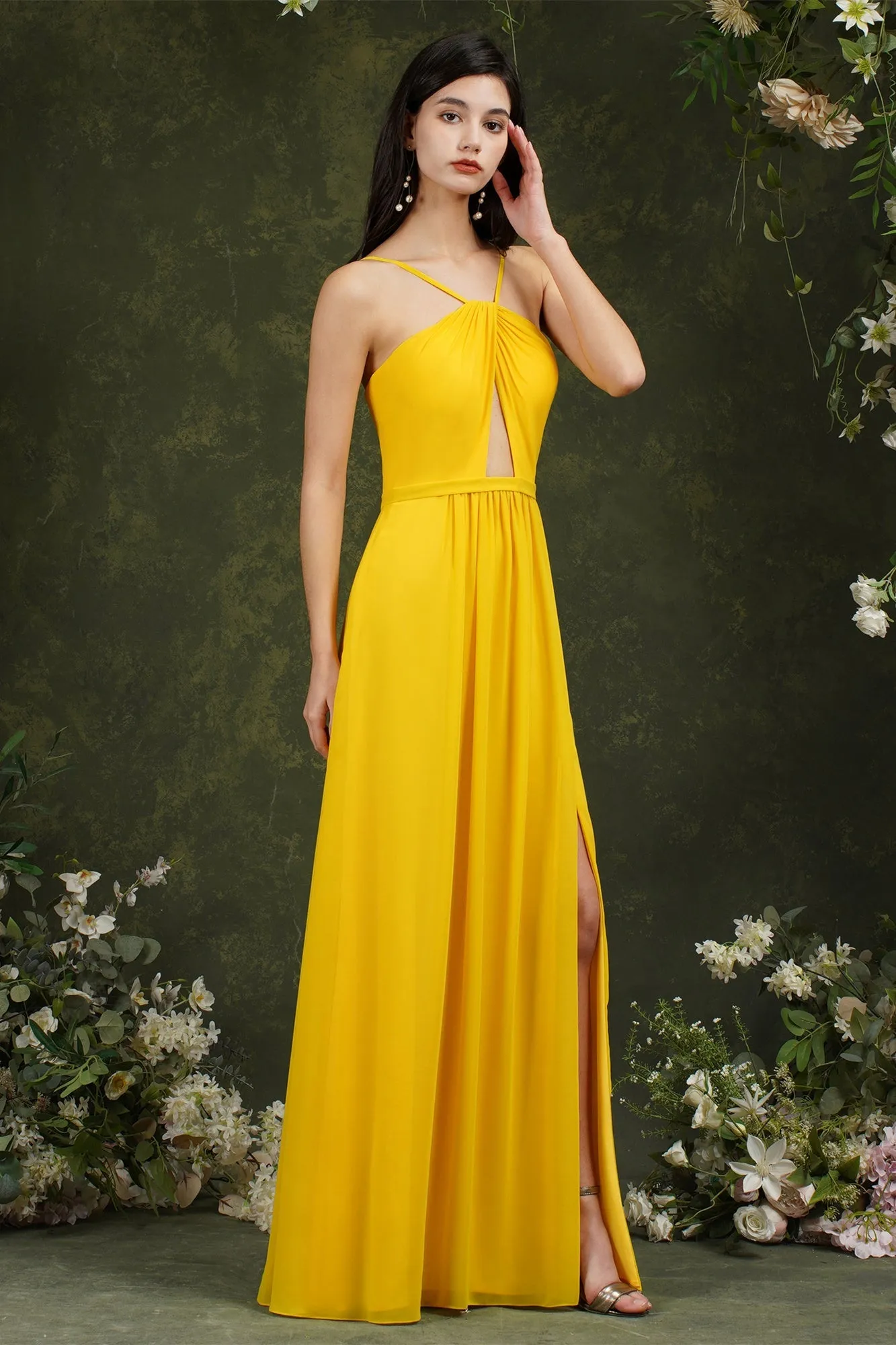Chic Spaghetti Straps Halter A-Line Floor-length Split Bridesmaid Dress With Pockets