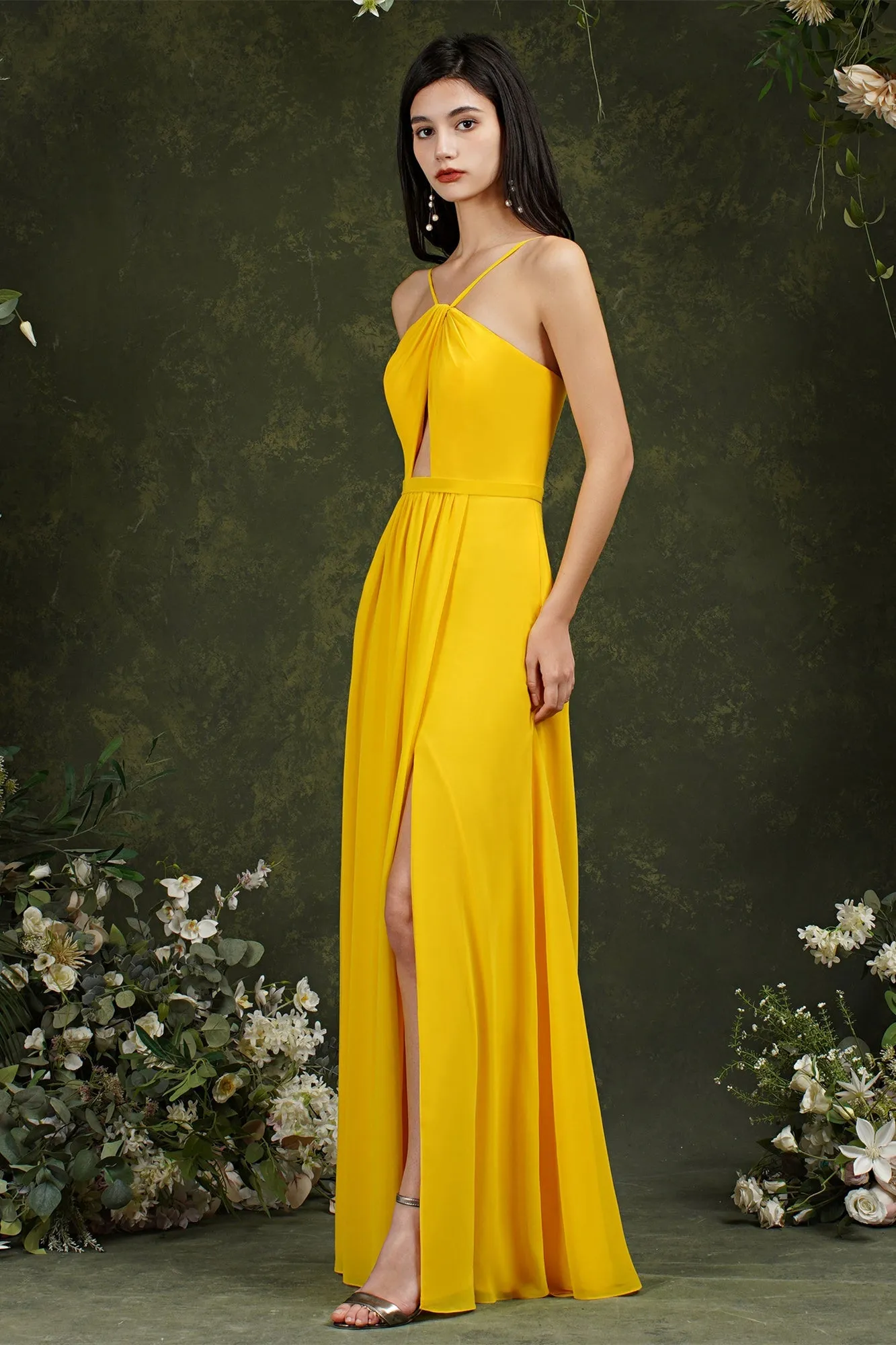 Chic Spaghetti Straps Halter A-Line Floor-length Split Bridesmaid Dress With Pockets