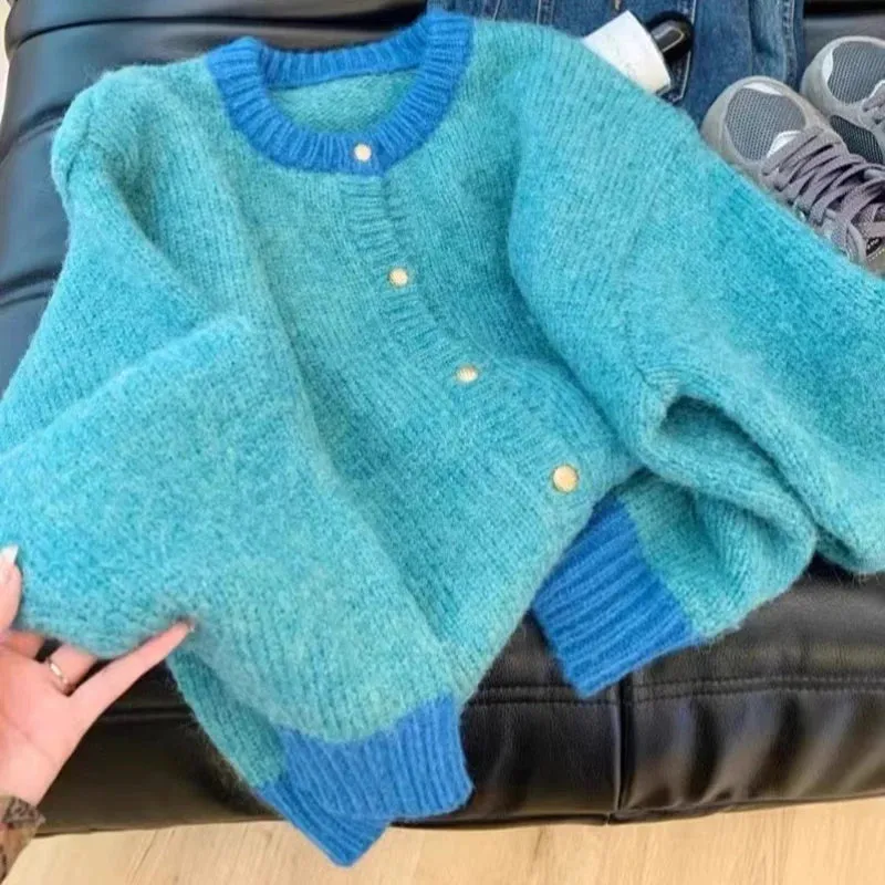 cold weather outfits Joskaa Single-Breasted Knitted Cardigan, Long Sleeve, Patchwork Sweater, O-Neck, Casual Warm Coat, Office Outerwear, Autumn, Winter