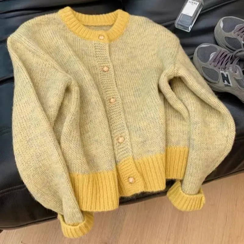cold weather outfits Joskaa Single-Breasted Knitted Cardigan, Long Sleeve, Patchwork Sweater, O-Neck, Casual Warm Coat, Office Outerwear, Autumn, Winter