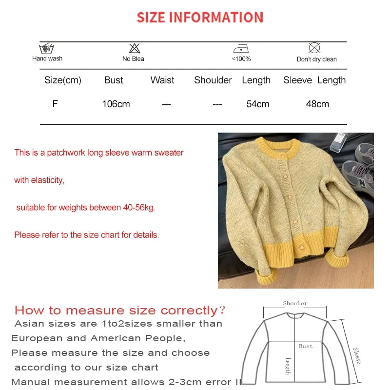 cold weather outfits Joskaa Single-Breasted Knitted Cardigan, Long Sleeve, Patchwork Sweater, O-Neck, Casual Warm Coat, Office Outerwear, Autumn, Winter