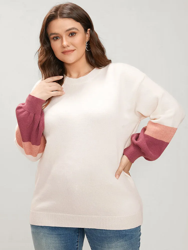 Colorblock Contrast Soft Pointelle Knit Lantern Sleeve Knit Top