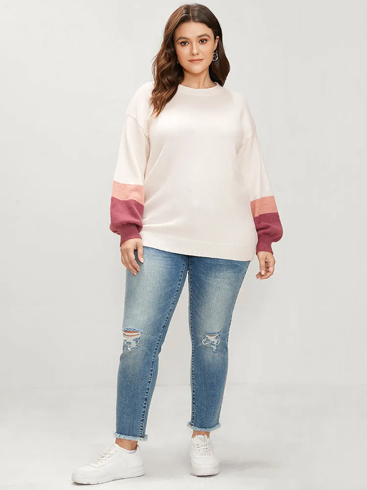 Colorblock Contrast Soft Pointelle Knit Lantern Sleeve Knit Top