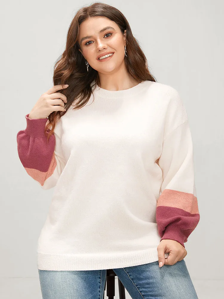 Colorblock Contrast Soft Pointelle Knit Lantern Sleeve Knit Top