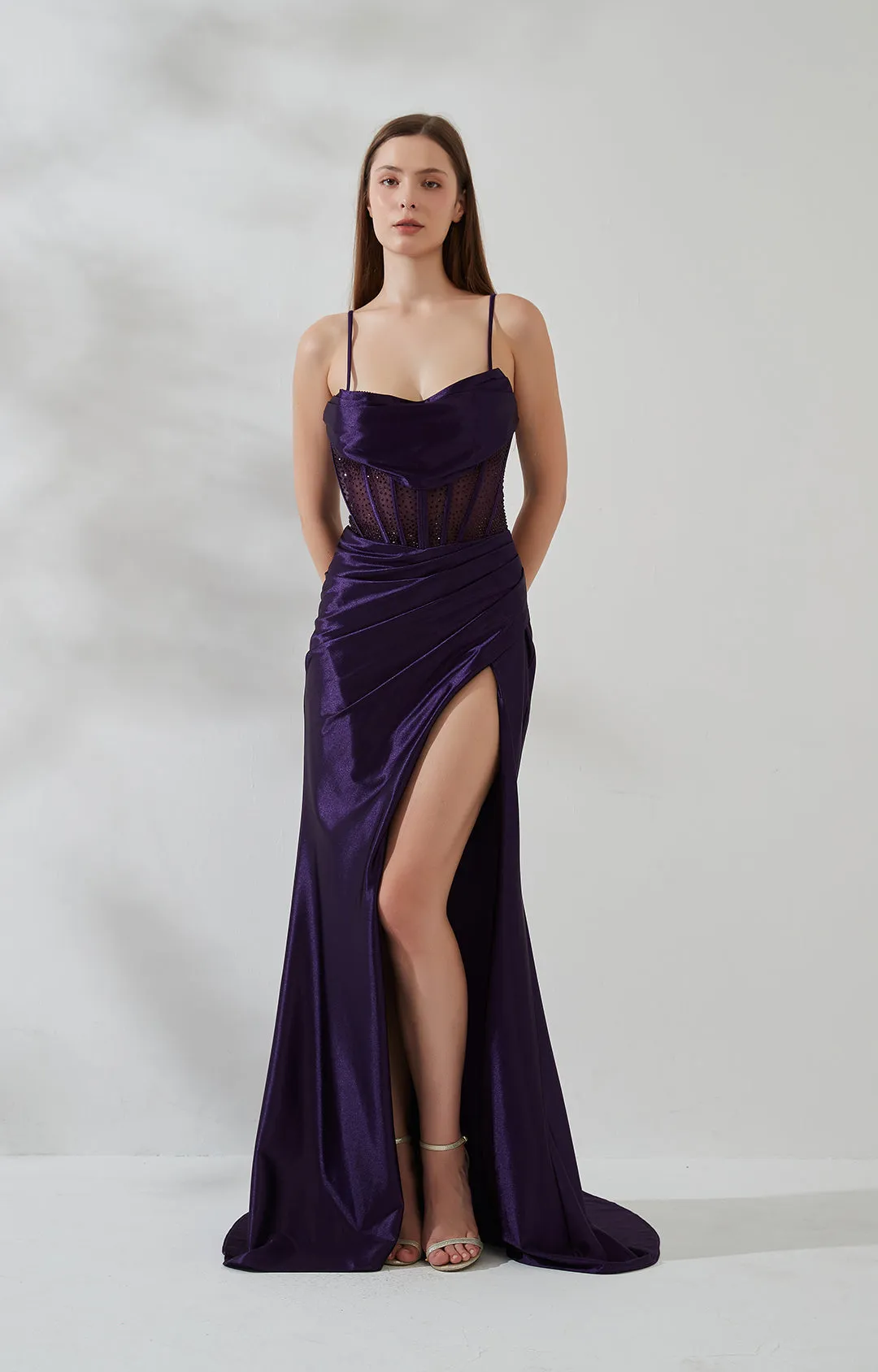 Cowl Neck Spaghetti Strap Pleated Sheer Boned Dress With Split