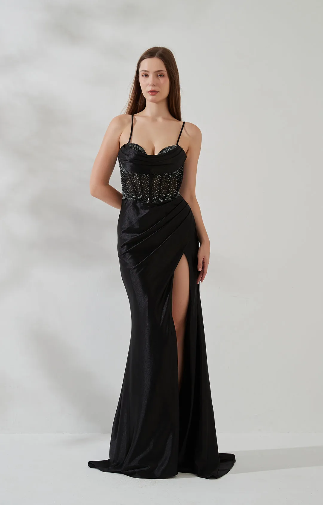 Cowl Neck Spaghetti Strap Pleated Sheer Boned Dress With Split