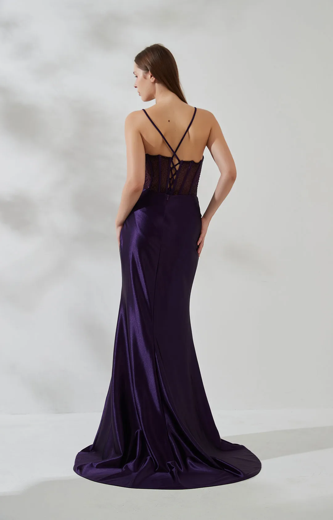 Cowl Neck Spaghetti Strap Pleated Sheer Boned Dress With Split