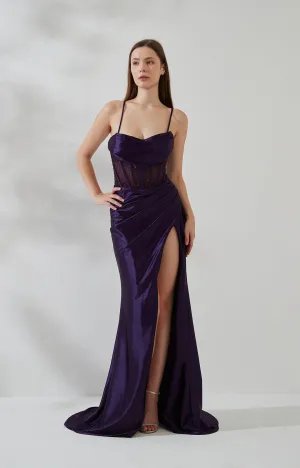 Cowl Neck Spaghetti Strap Pleated Sheer Boned Dress With Split