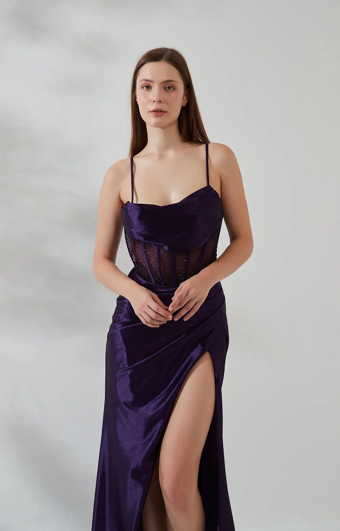 Cowl Neck Spaghetti Strap Pleated Sheer Boned Dress With Split