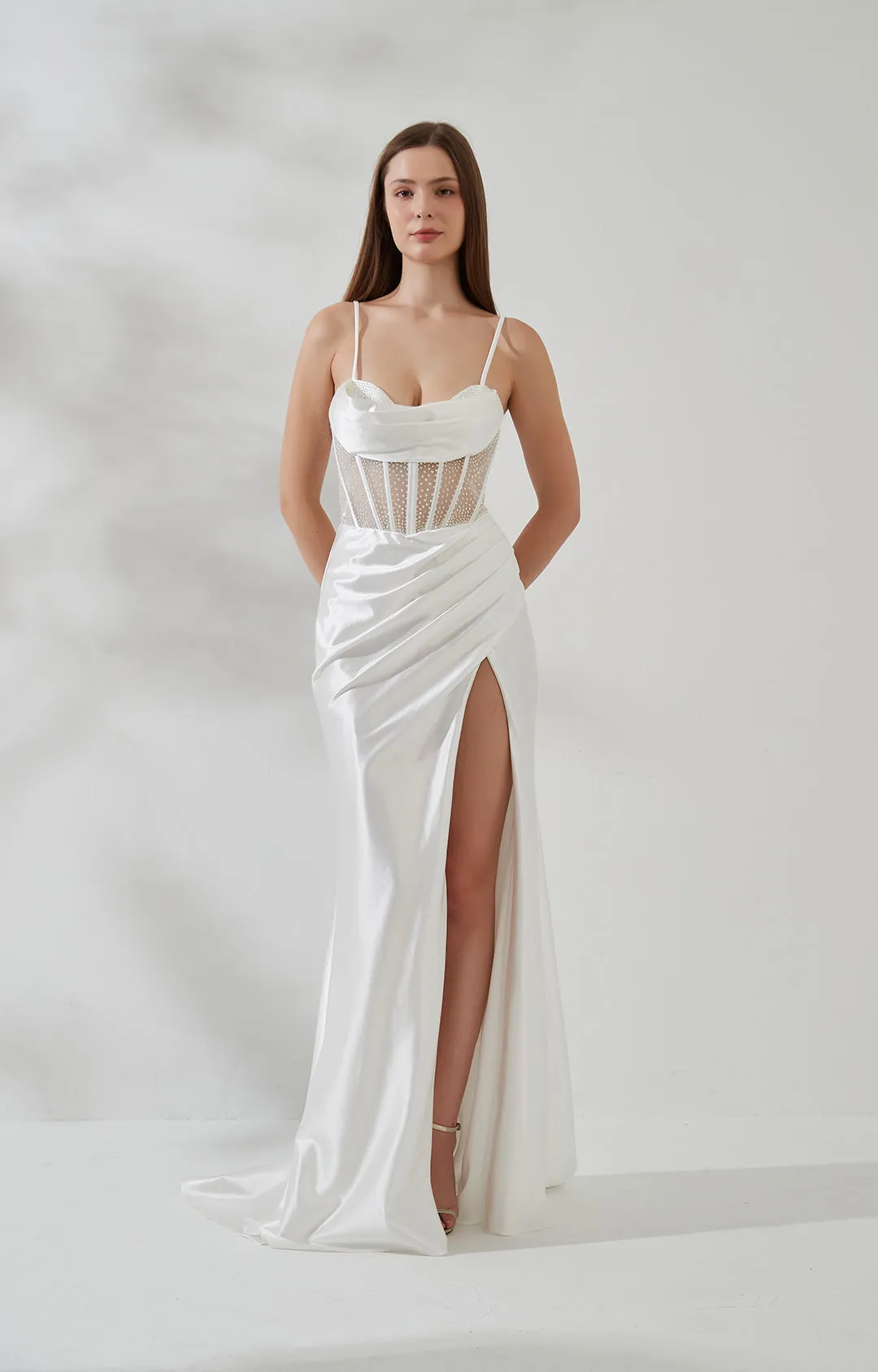 Cowl Neck Spaghetti Strap Pleated Sheer Boned Dress With Split